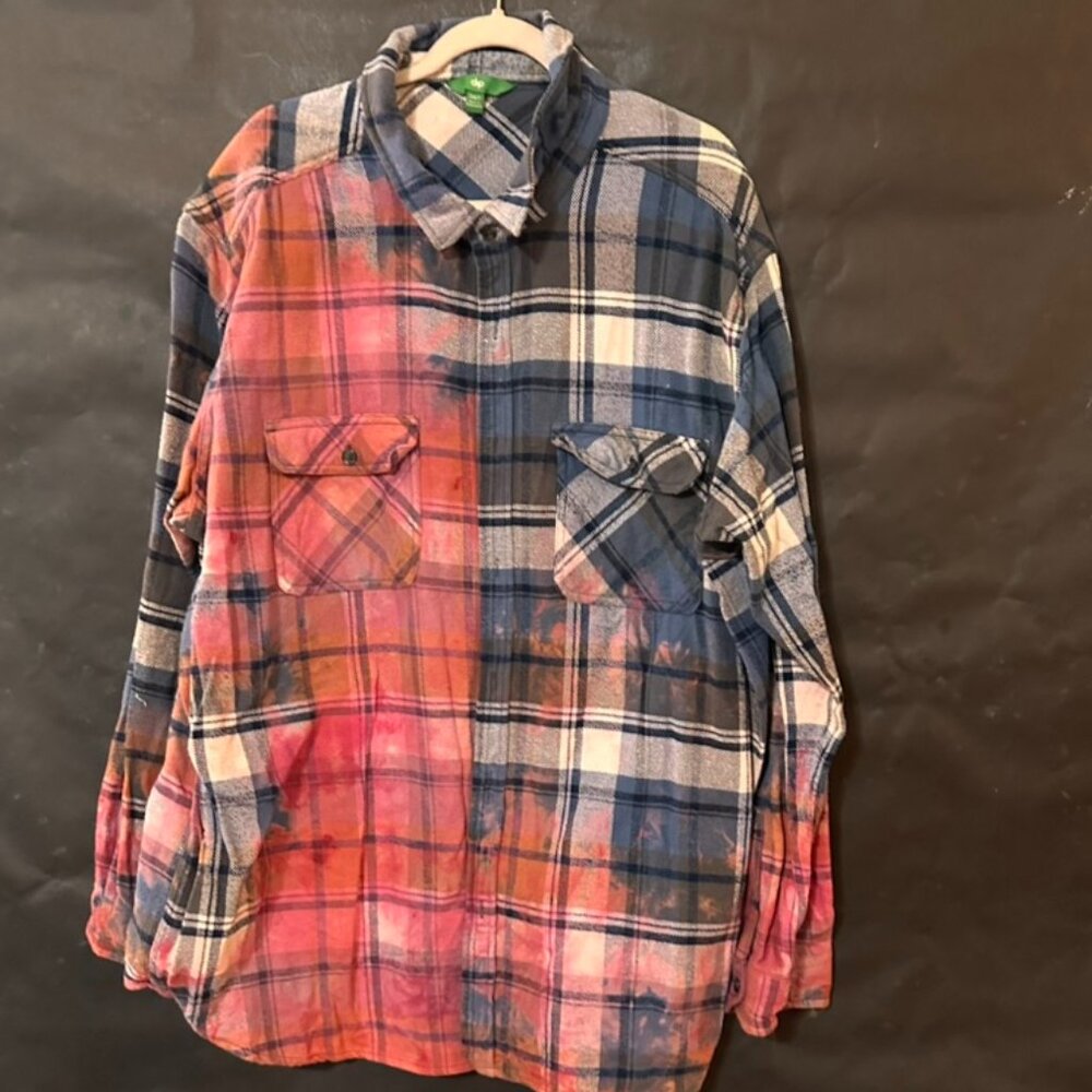 DIP Size 3XTL Tie Dyed Cotton Flannel Shirt Button Up  Shacket Blue Red Handmade